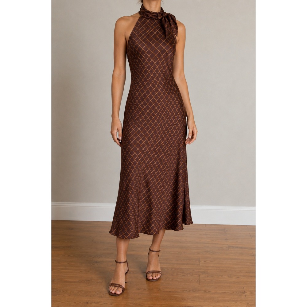 Vintage Ralph Lauren 100% Silk Halter Midi Dress 10 Brown Bow Bias Cut Bow Y2K